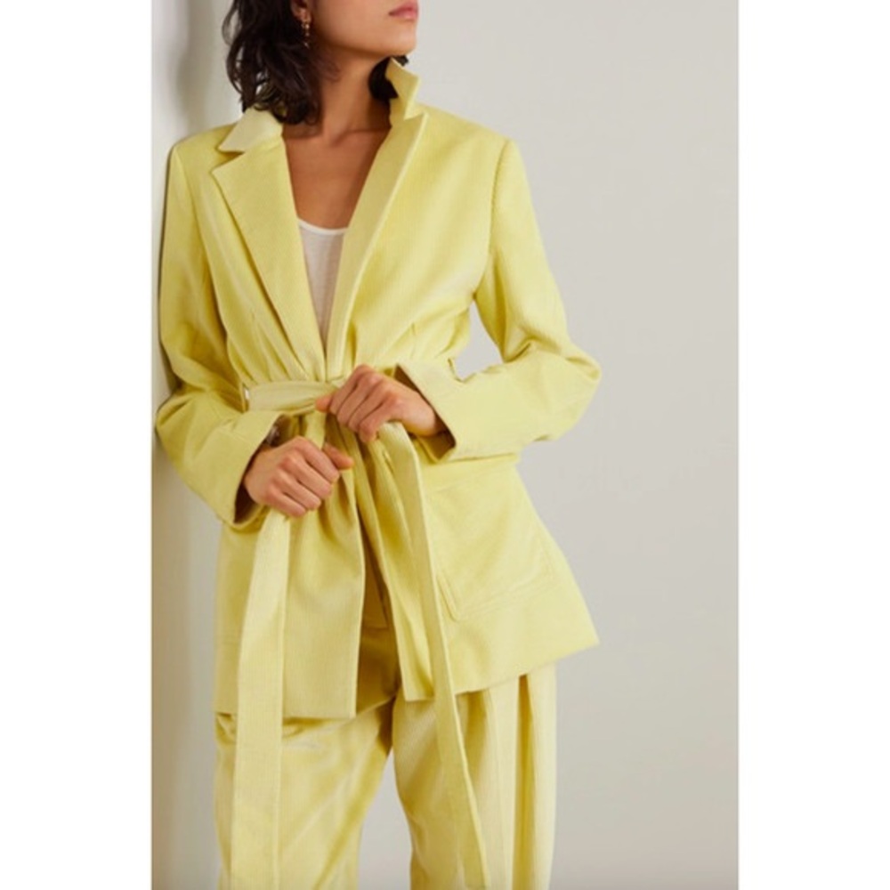 VICTORIA BECKHAM Pastel Yellow Belted Cotton-corduroy Blazer size 8